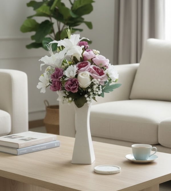 Minimalist White Ceramic Vase with Premium Artificial Flowers | Modern Faux Floral Arrangement | Elegant Home Office Decor