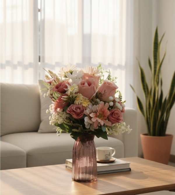 Eternal Spring - Premium Faux Rose & Wildflower Bouquet in Pastel Glass Vase | Vintage Home Decor Centerpiece